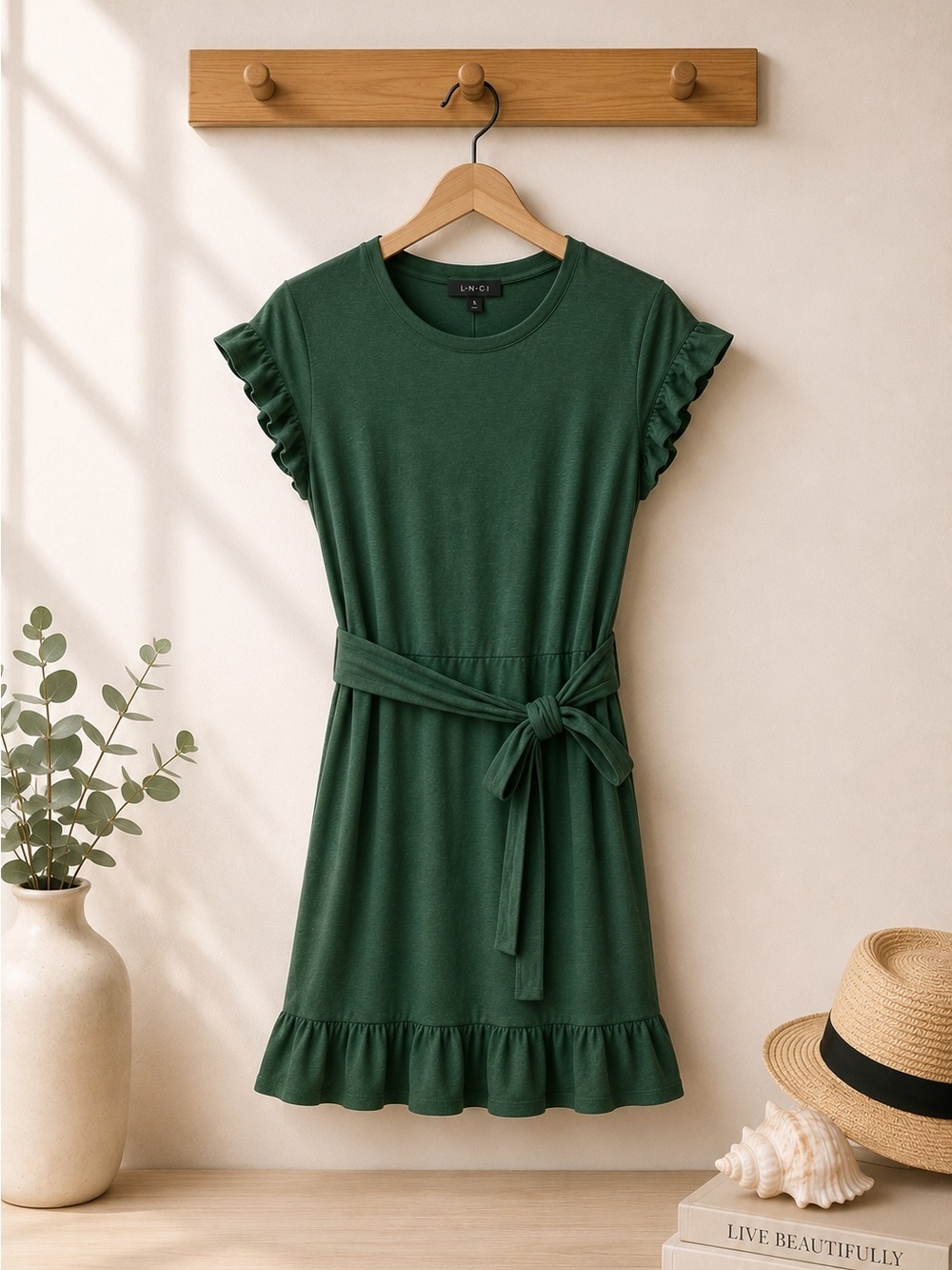 Modcloth 100% Cotton Forest Green Ruffle-Sleeve Belted Midi Dress (rack)